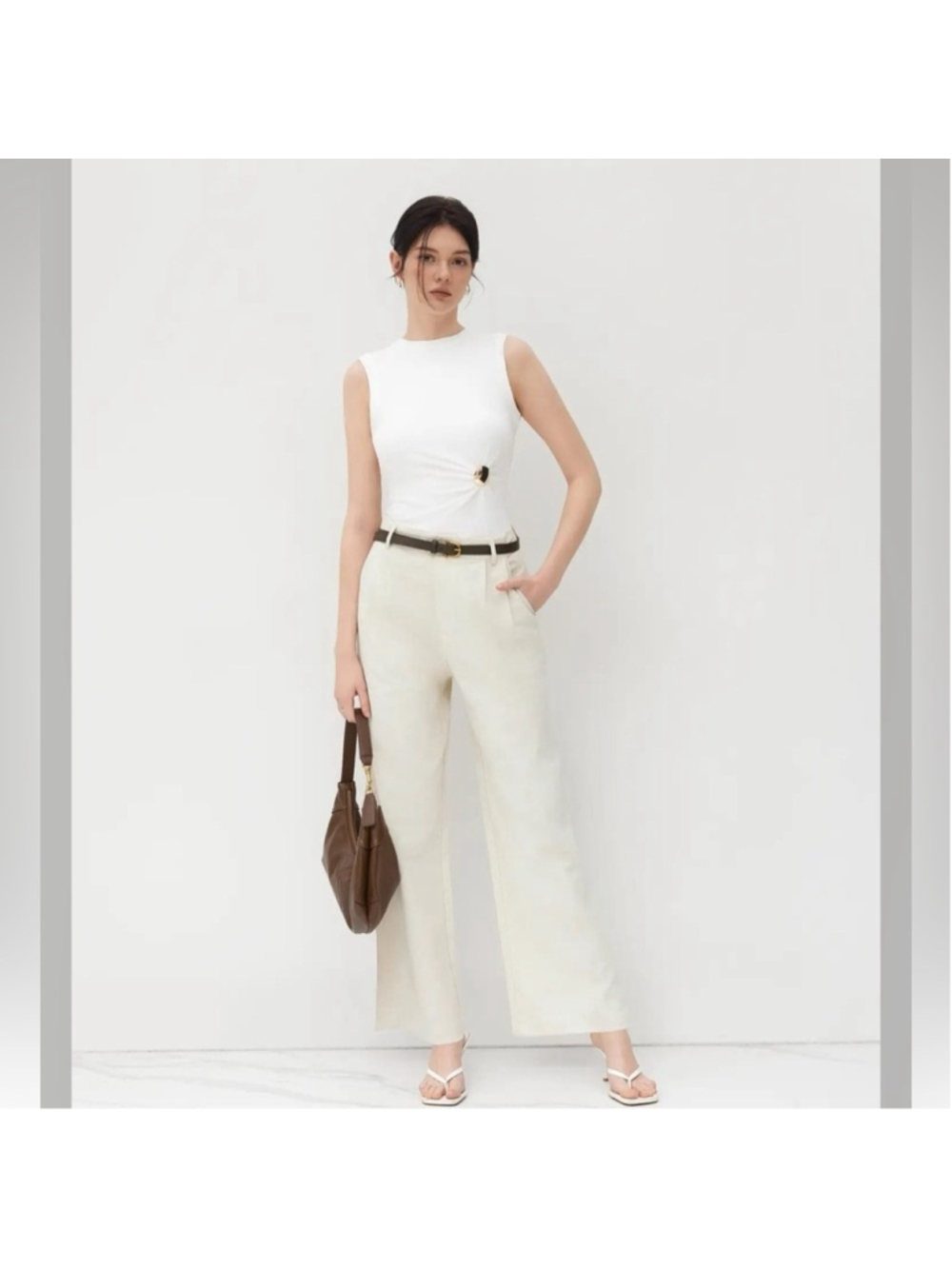 Cider PETITE LINEN-BLEND MID RISE SOLID WIDE LEG TROUSERS WITH BELT XS